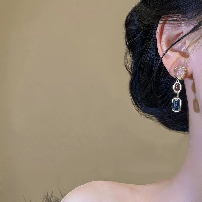 Asymmetric Colored Gemstone Silver Pin Vintage Clash Earrings