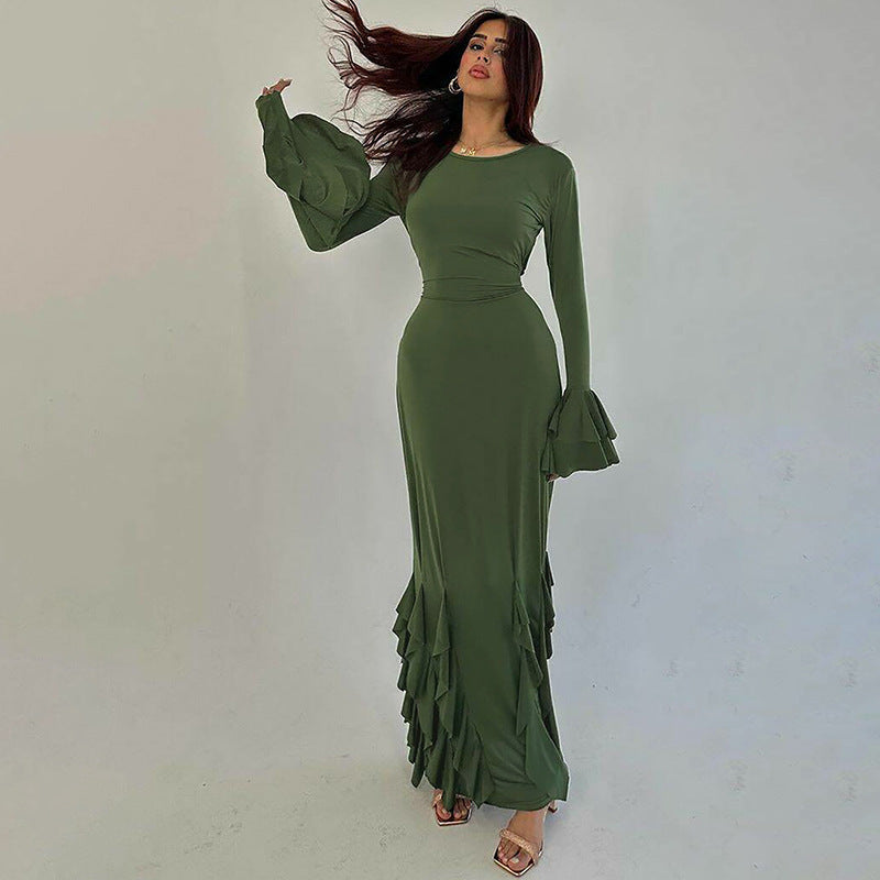 Elegant Slim Lace Long Sleeve Midi Dress for Women