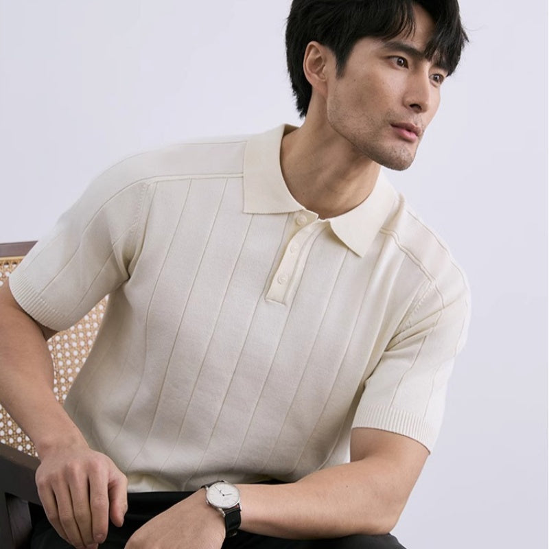 Men’s Ice Silk Striped Knit Shirt – Slim Fit Short Sleeve Summer Top