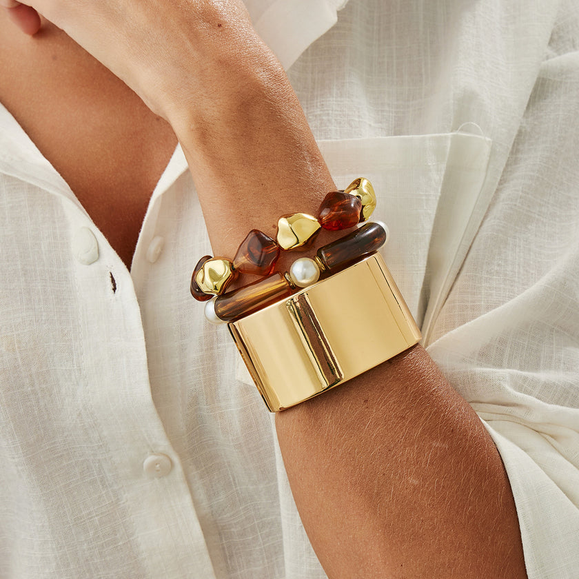 Vintage Beaded Amber Blooming Resin Wide Bracelet