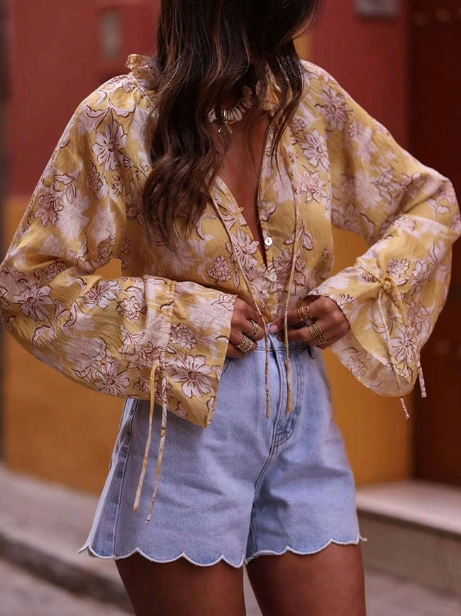 Vacation-ready V-neck Flared-sleeve Printed Loose-fit Blouse