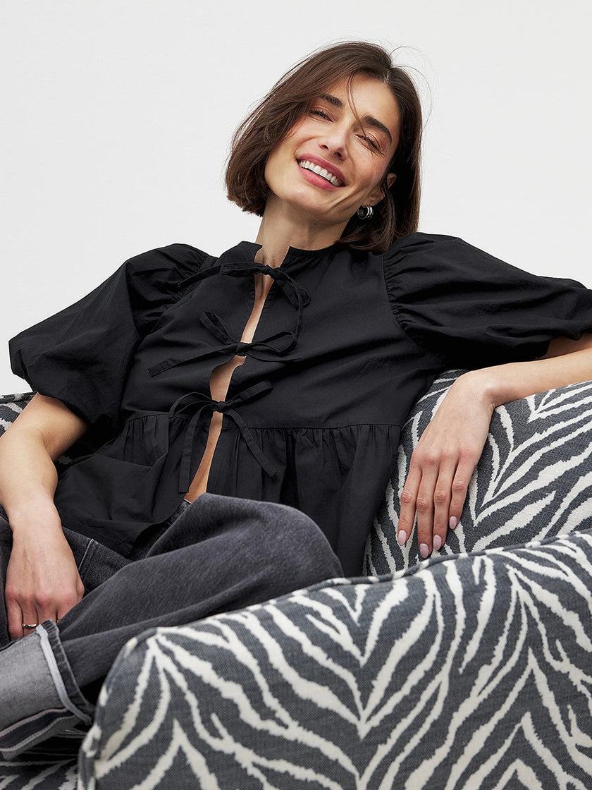 Cotton Lace Up Round Neck Loose Short Sleeved Top