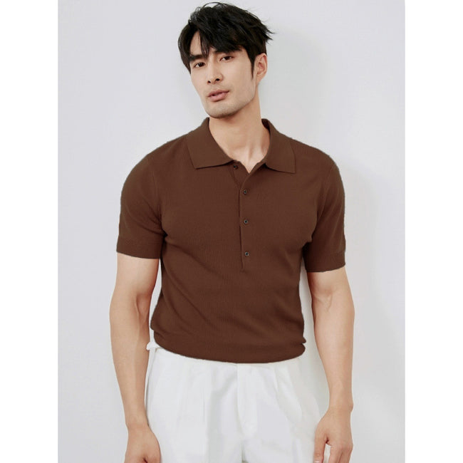 Men’s Ice Silk Knit Polo Shirt – Solid Color Short Sleeve Luxury Summer Top