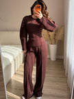 Chic Long Sleeve O-Neck Top and High Waist Pants Two Piece Set