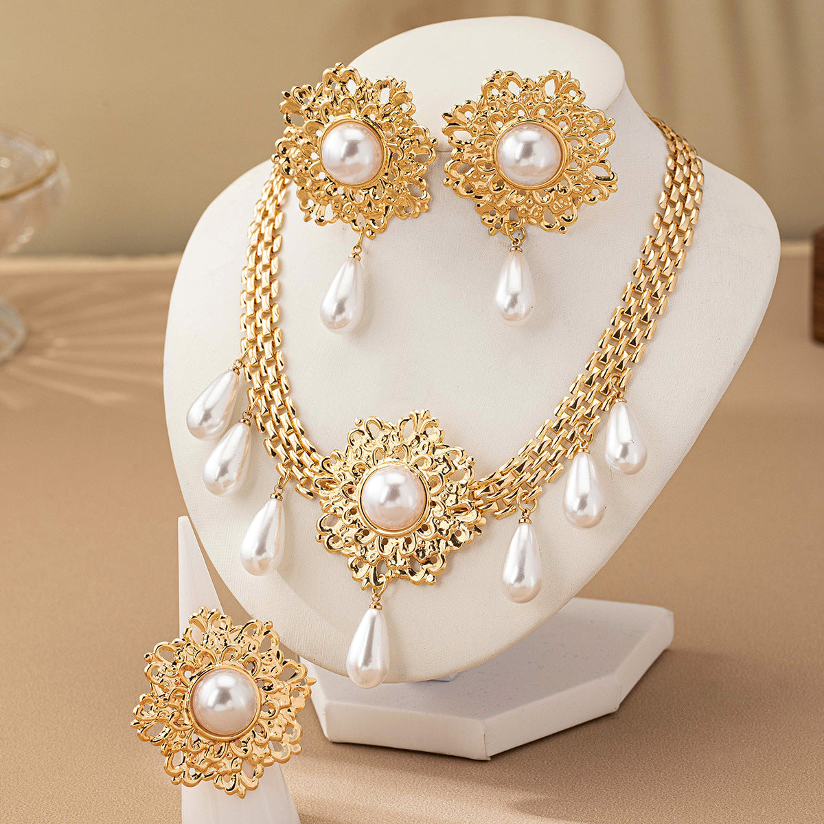 Flower Pearl Tassel Necklace Ear Stud Ring