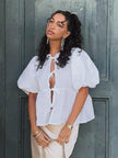 Cotton Lace Up Round Neck Loose Short Sleeved Top