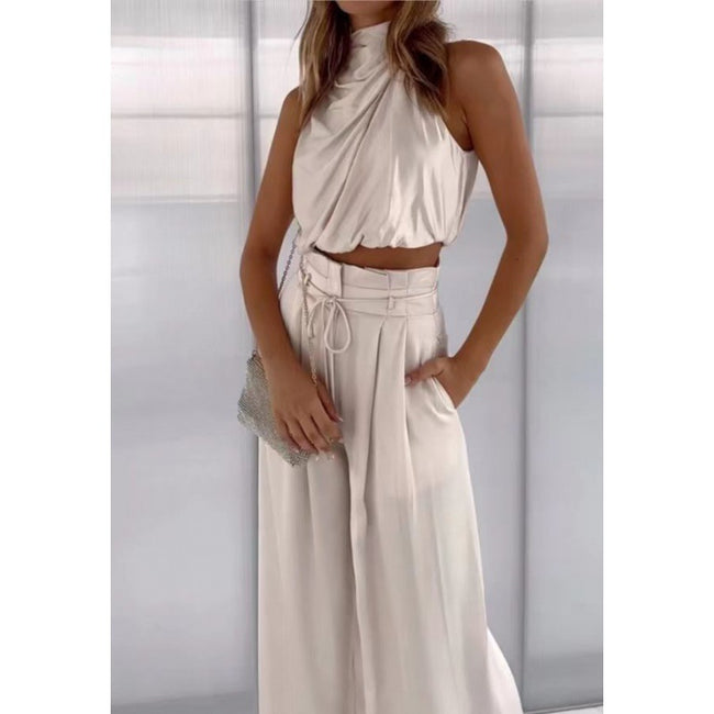 “Women Summer 2-Piece Set – Sleeveless Crop Top & Wide Leg Pants Casual Outfit”