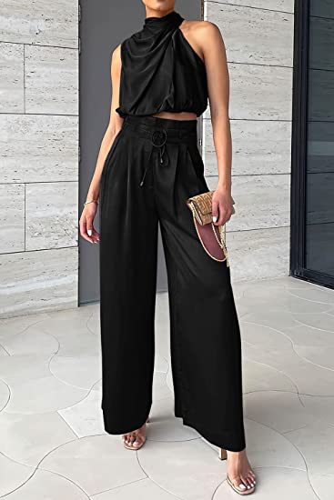 “Women Summer 2-Piece Set – Sleeveless Crop Top & Wide Leg Pants Casual Outfit”