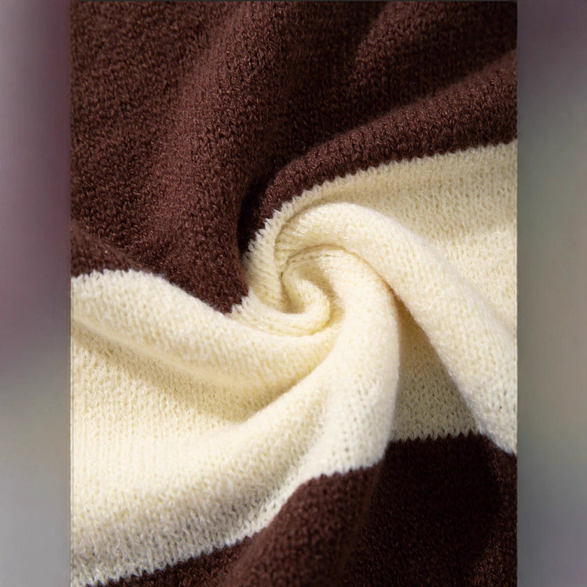 Round-neck Knitted Long-sleeve Thermal Padded Casual Cozy Sweater With Vertical Stripes