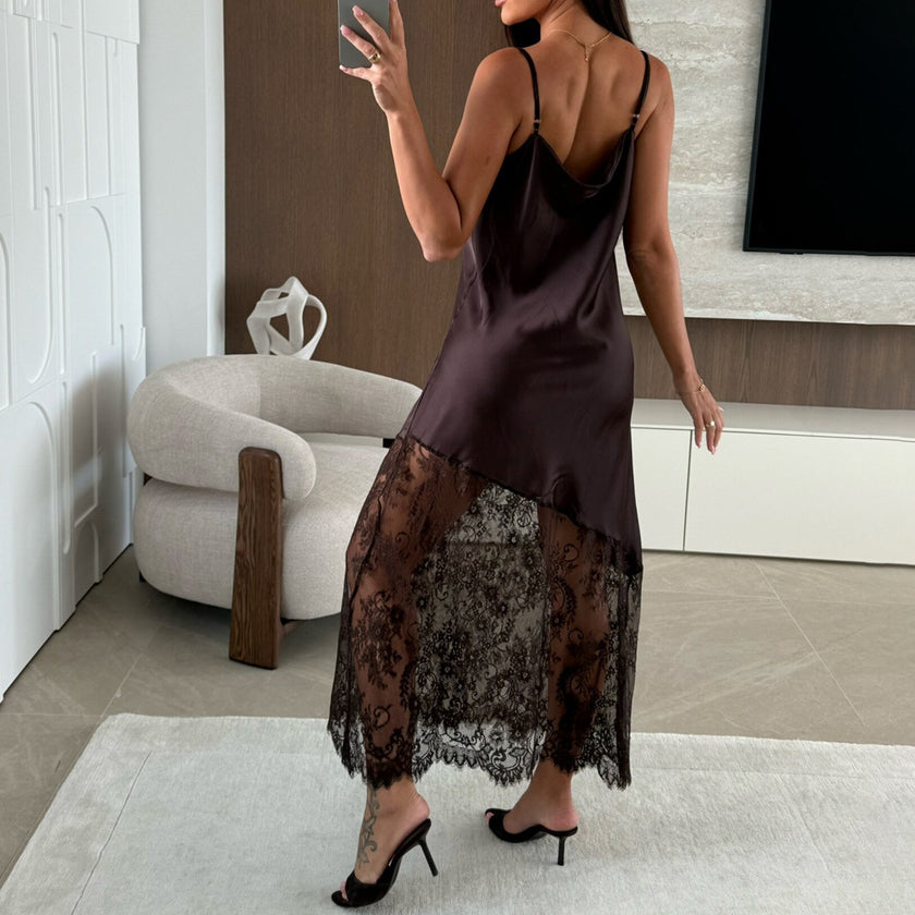 Sexy V-neck Lace-trimmed Solid Color Long Camisole Dress