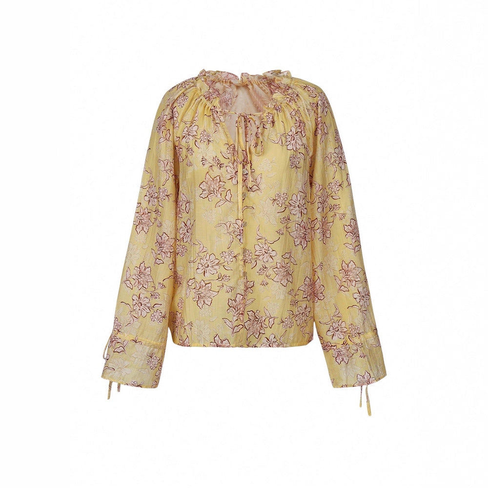 Vacation-ready V-neck Flared-sleeve Printed Loose-fit Blouse
