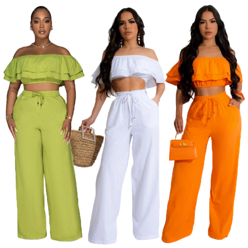 “Women Off-Shoulder 2-Piece Set – Ruffled Crop Top & Wide-Leg Pants”