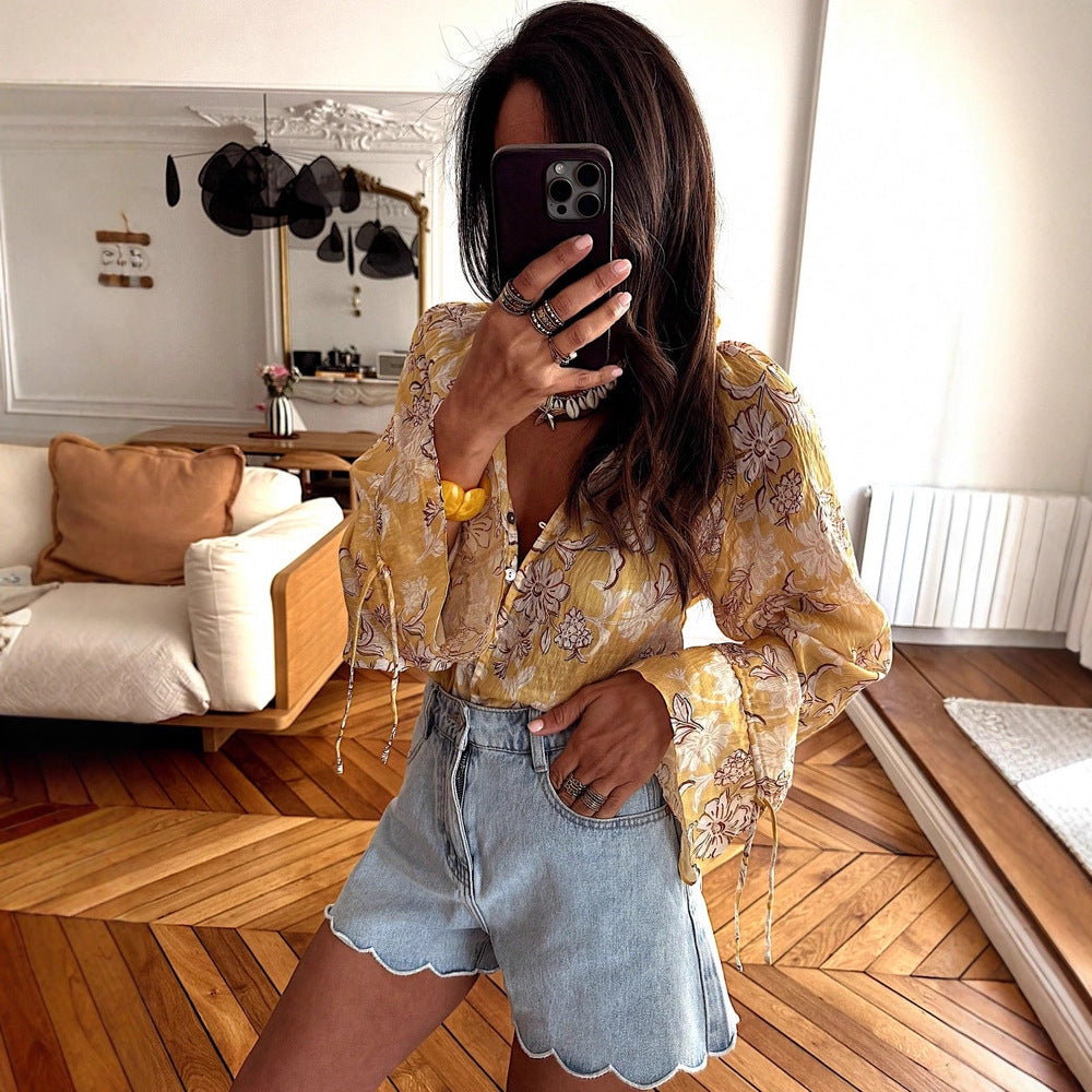 Vacation-ready V-neck Flared-sleeve Printed Loose-fit Blouse