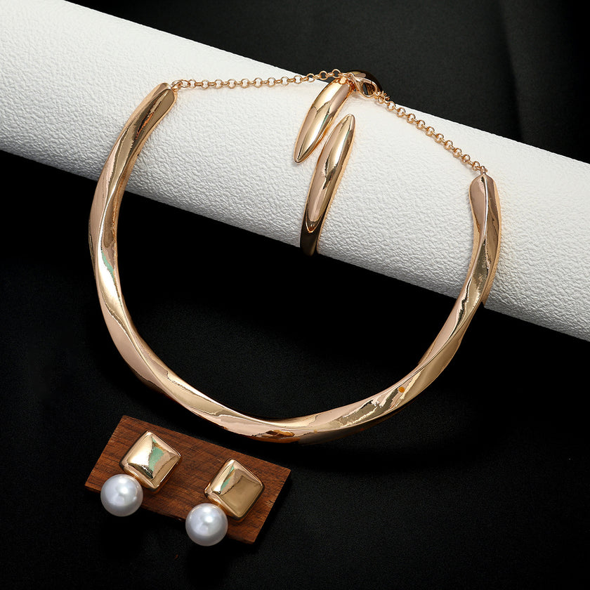 Geometric Wave Design Pearl Earrings And Bracelet