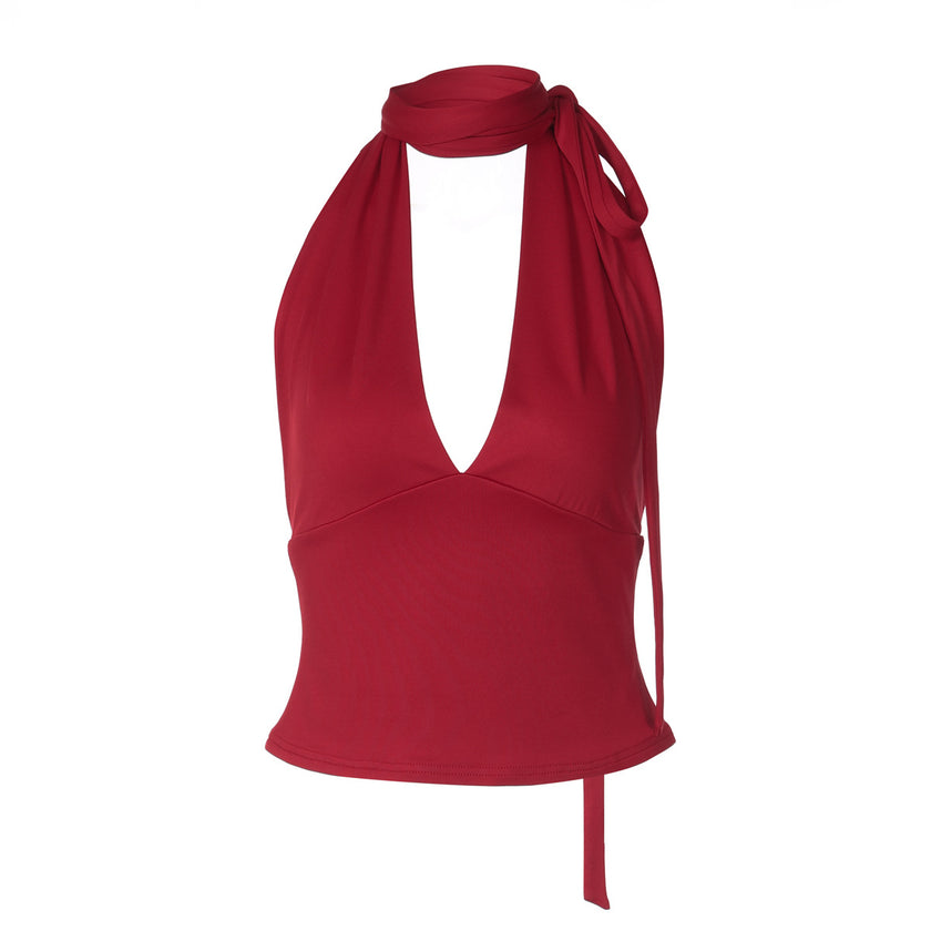 Women’s Deep V-Neck Backless Lace-Up Tank Top – Slim Fit Solid Color Sexy Summer Cami