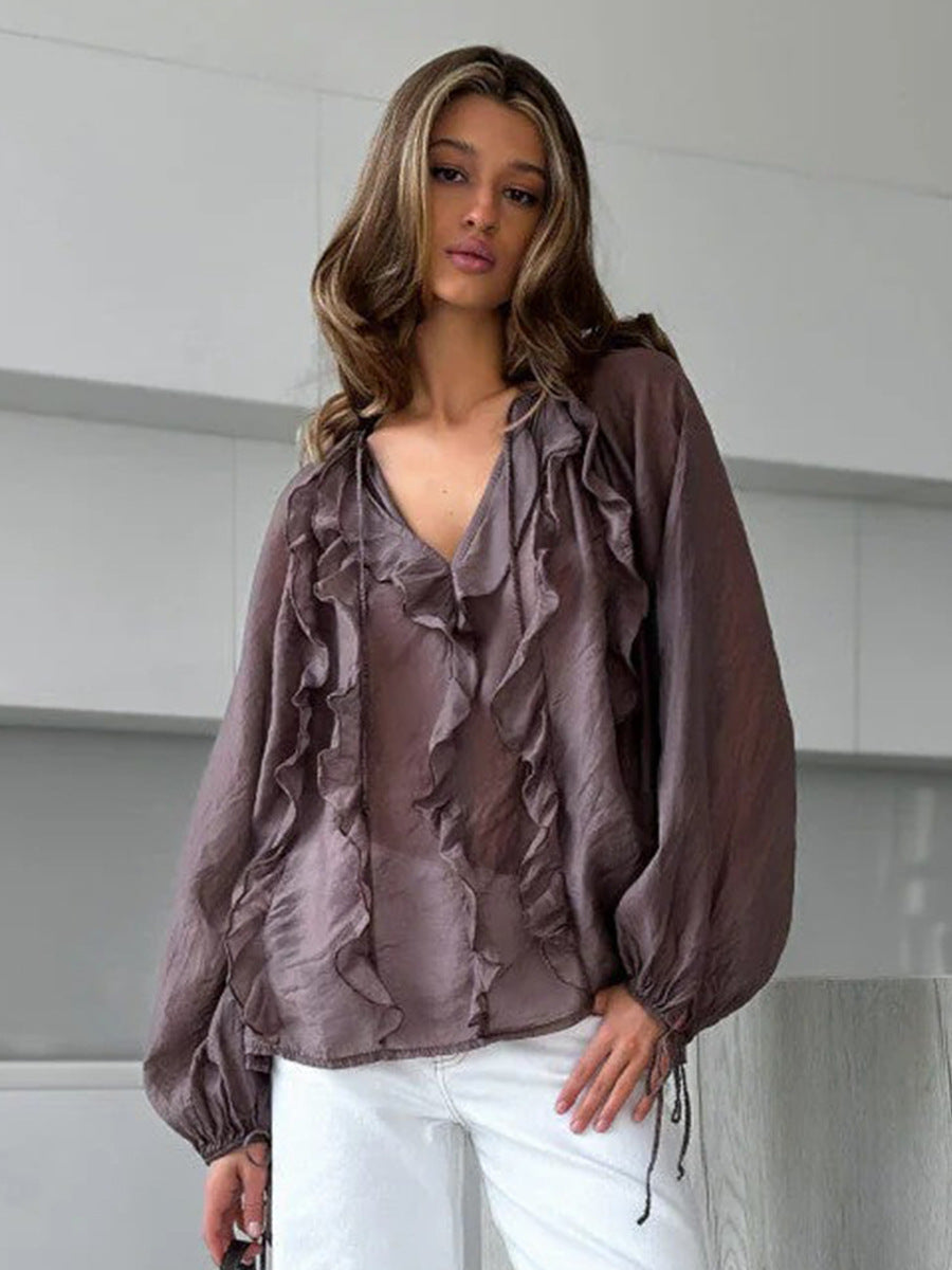 Lotus Leaf Edge Tied Lantern Sleeve Semi Transparent Thin Shirt