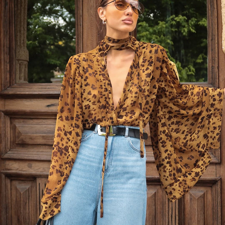Leopard-print Hollow-out Small Stand-up Collar Long-sleeve Shirt
