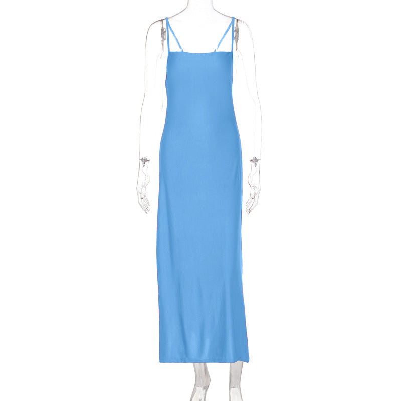 Fashion Back Lace-up Sleeveless Slim-fit Sexy Pure Black Sheath Suspender Dress