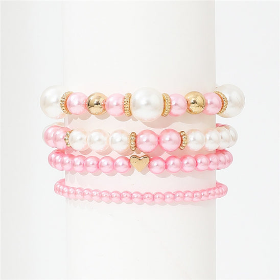 4pcs Set Simple White Faux Pearls Beads Beaded Heart Temperament Bracelet Set Elegant Handmade Hand String Jewelry Accessory