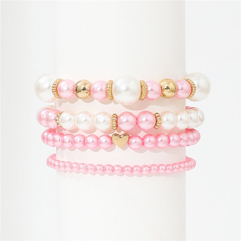 4pcs Set Simple White Faux Pearls Beads Beaded Heart Temperament Bracelet Set Elegant Handmade Hand String Jewelry Accessory