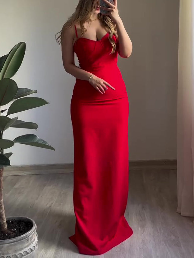 Red Sexy Slit Suspender Maxi Dress
