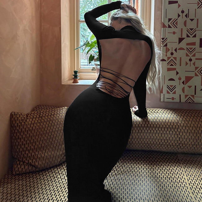 New Fallwinter Elegant Solid-color High-neck Bodycon Sexy Backless Lace-up Dress