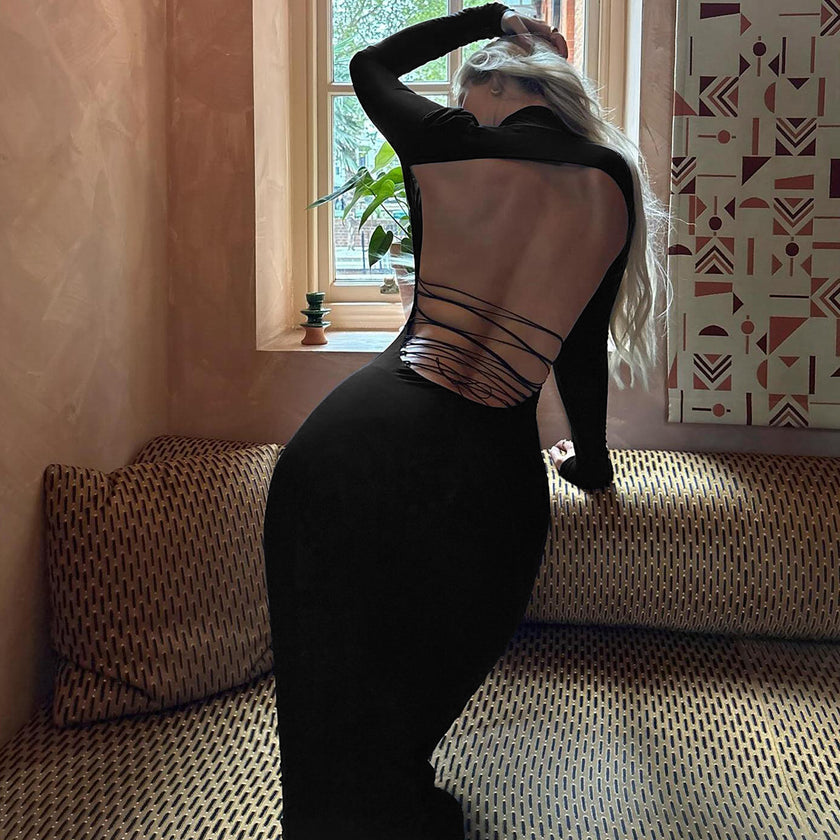 New Fallwinter Elegant Solid-color High-neck Bodycon Sexy Backless Lace-up Dress