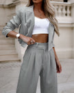 “Women’s Spring Striped Suit Set – Casual Lapel Cropped Top & Straight Pants Outfit”