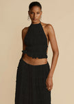 “2-Piece Women’s Summer Dress Set – Sexy Sleeveless Backless Cropped Halter Top & Pleated Long Skirt”