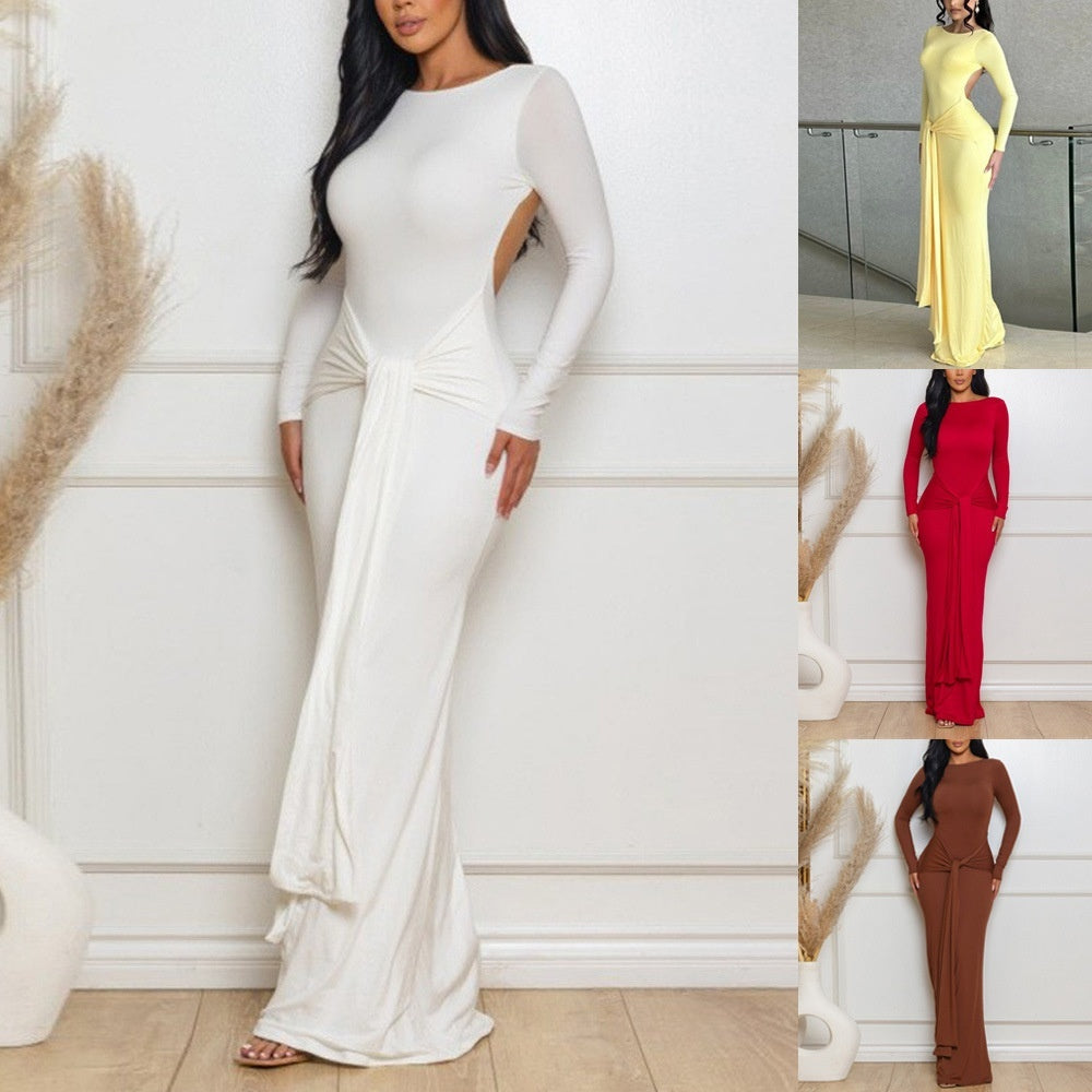 Solid Color Backless Dress for Women – Elegant Long Sleeve Autumn Slim Fit Dress