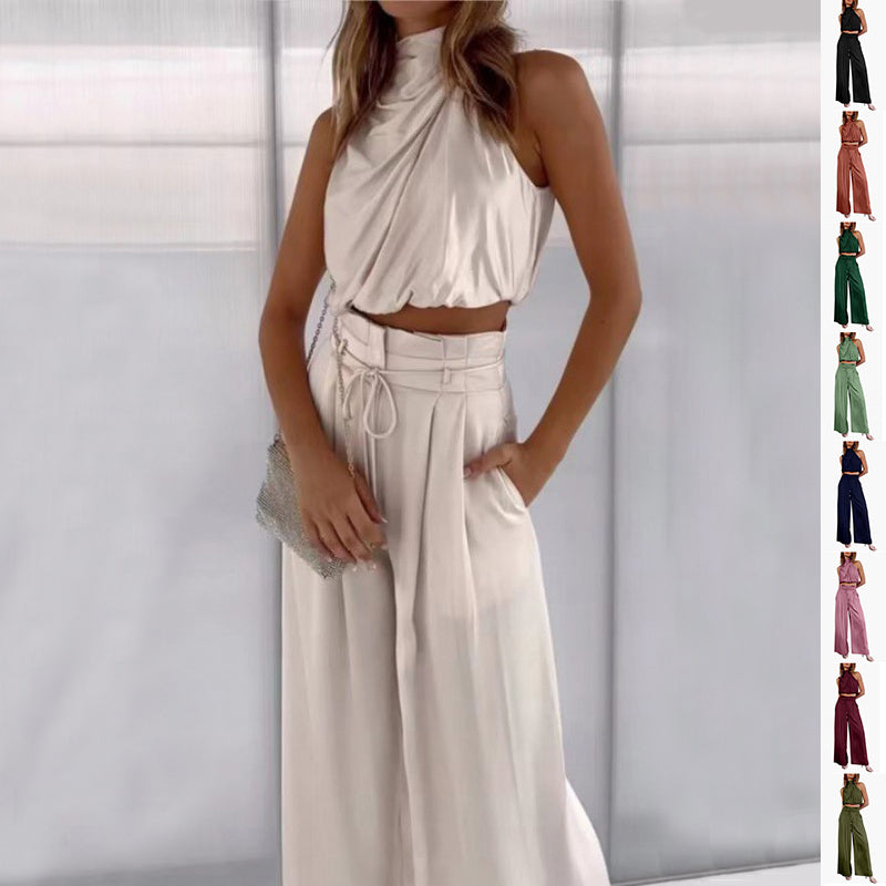 “Women Summer 2-Piece Set – Sleeveless Crop Top & Wide Leg Pants Casual Outfit”