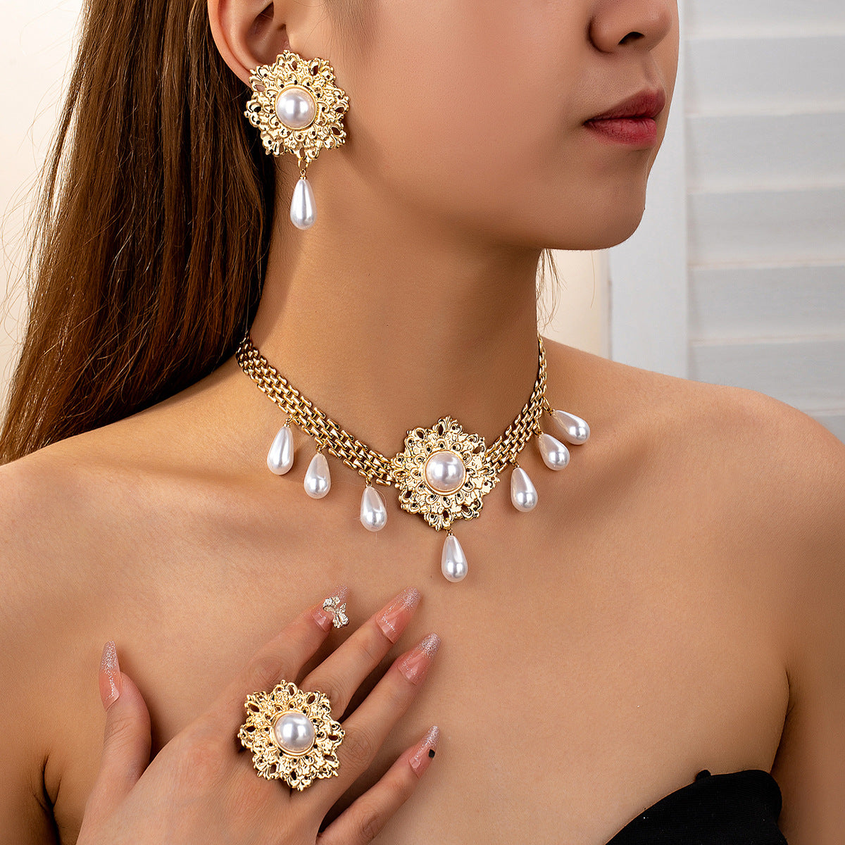 Flower Pearl Tassel Necklace Ear Stud Ring