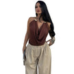 Women’s Low-Cut Plunging Metal Halter Bodycon Tank Top