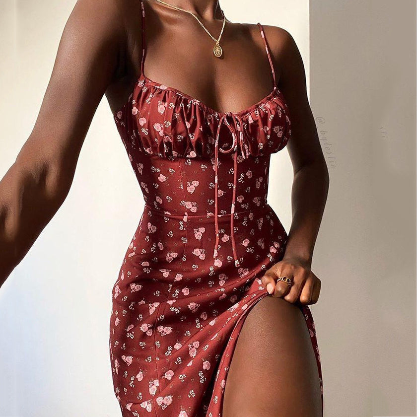 Sexy pleated lace slit suspender skirt dress