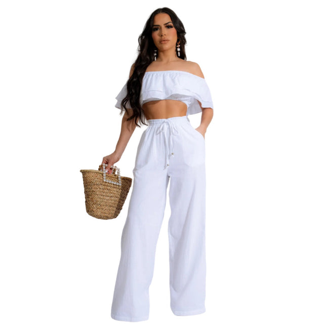 “Women Off-Shoulder 2-Piece Set – Ruffled Crop Top & Wide-Leg Pants”