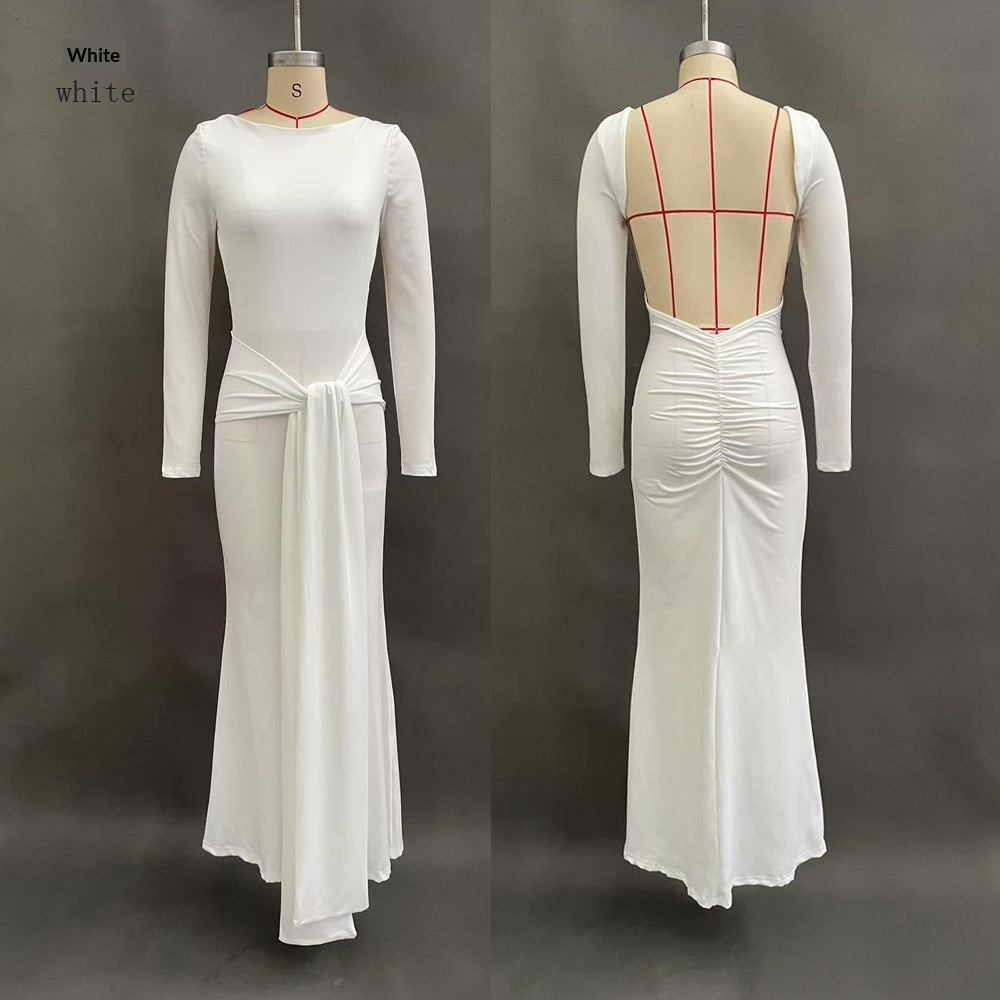 Solid Color Backless Dress for Women – Elegant Long Sleeve Autumn Slim Fit Dress