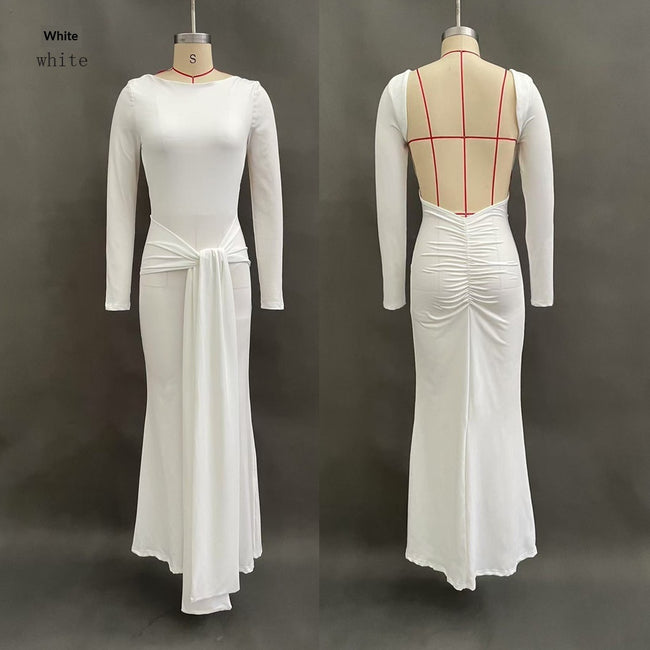 Solid Color Backless Dress for Women – Elegant Long Sleeve Autumn Slim Fit Dress