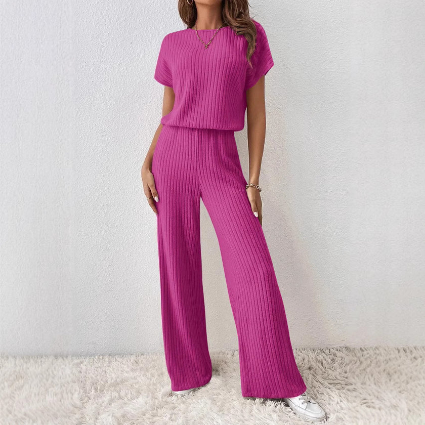 “Women’s Knitted Two-Piece Set – Loose Wide-Leg Pants & Matching Top”