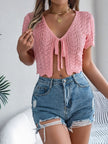 Women’s Tie Front Hollow Out Cropped Knit Cover-Up – Short Sleeve Summer Top