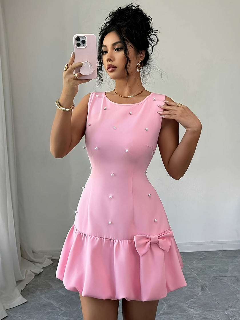 French Elegant Pearl Bow Mini Dress – Sleeveless Round Neck Summer Chic Outfit