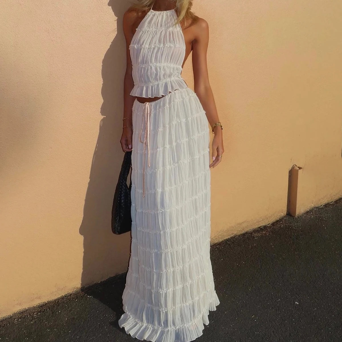 “2-Piece Women’s Summer Dress Set – Sexy Sleeveless Backless Cropped Halter Top & Pleated Long Skirt”