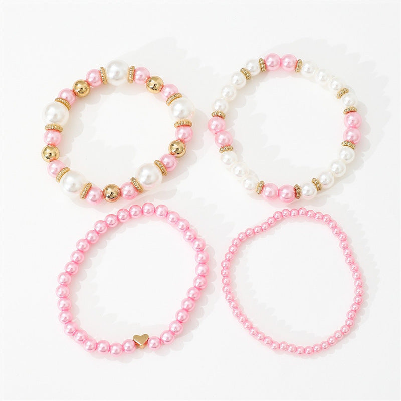 4pcs Set Simple White Faux Pearls Beads Beaded Heart Temperament Bracelet Set Elegant Handmade Hand String Jewelry Accessory