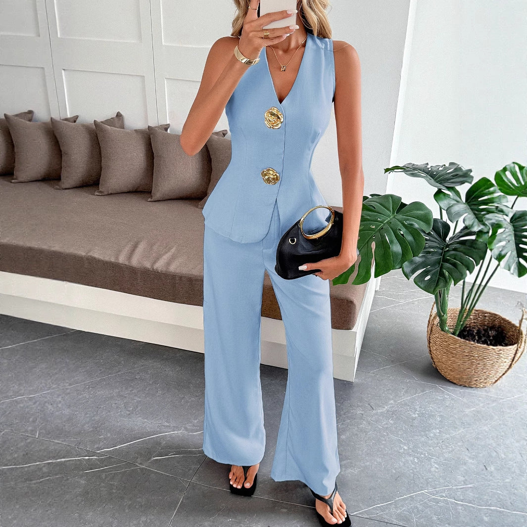 Women’s Summer 2-Piece Set – Simple Vest Top & Straight-Leg Pants Outfit