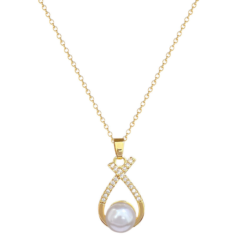 Light-Luxury Cross-Design Diamond-Encrusted Pearl Necklace Set