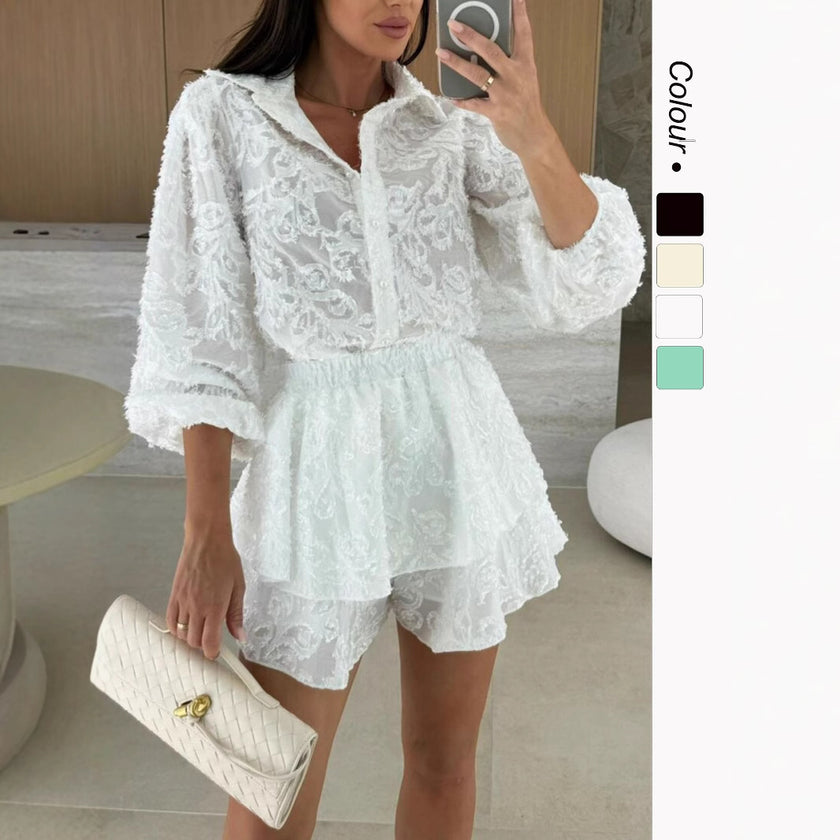Women’s Casual 2-Piece Set – Long Sleeve Hollow-Out Fashion Outfit