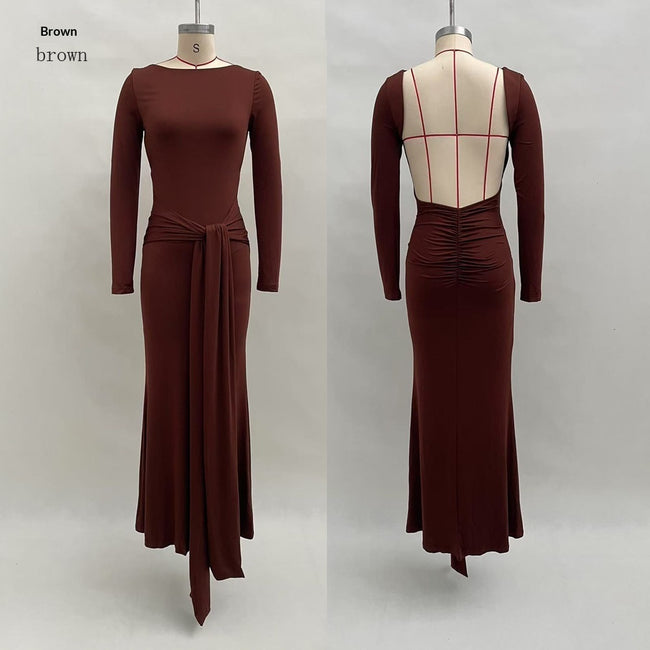 Solid Color Backless Dress for Women – Elegant Long Sleeve Autumn Slim Fit Dress