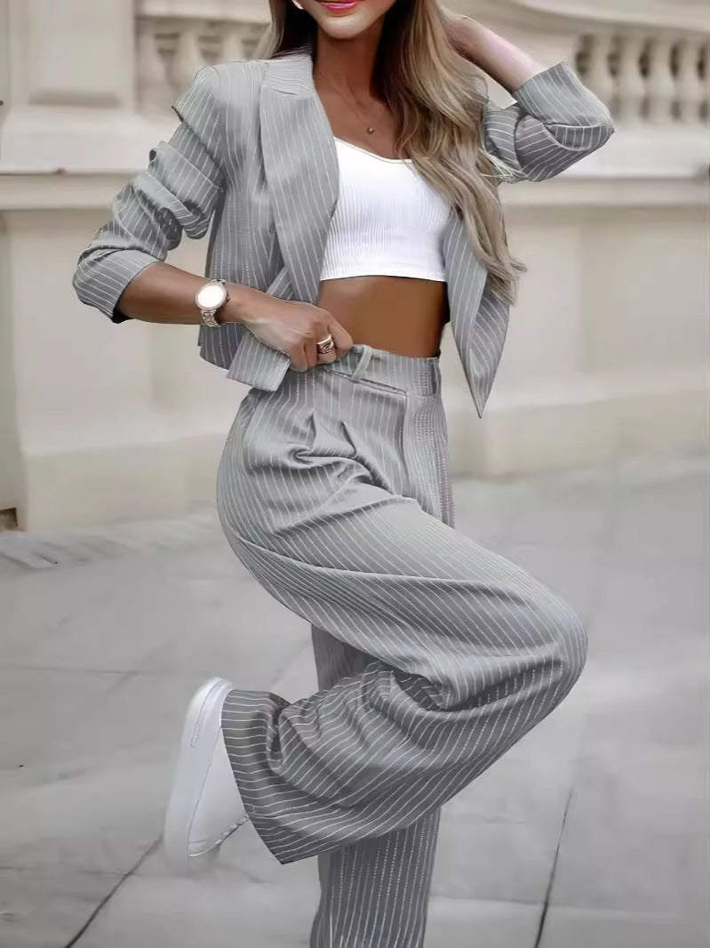 “Women’s Spring Striped Suit Set – Casual Lapel Cropped Top & Straight Pants Outfit”