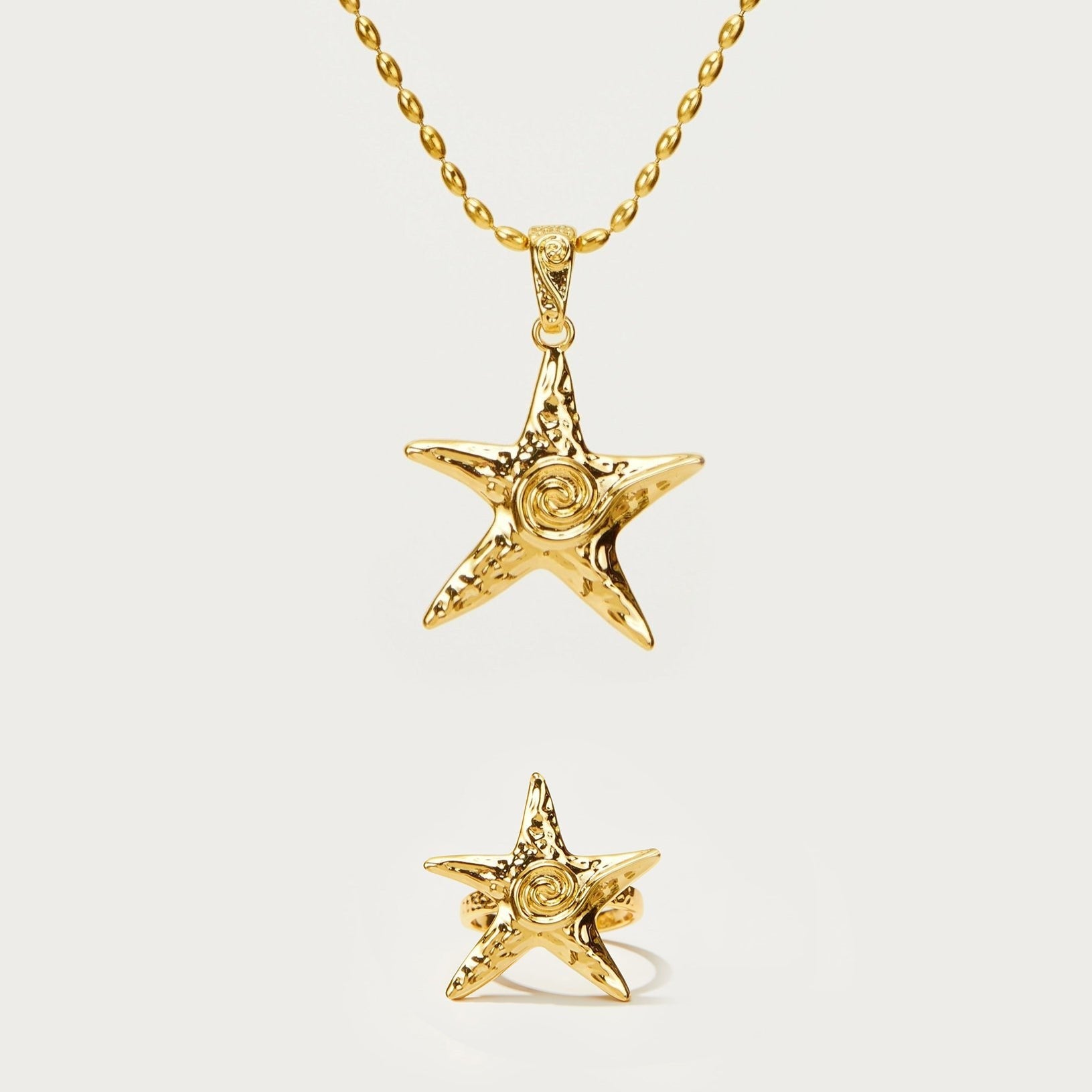Gold Color Retaining Starfish Necklace Ring Earrings
