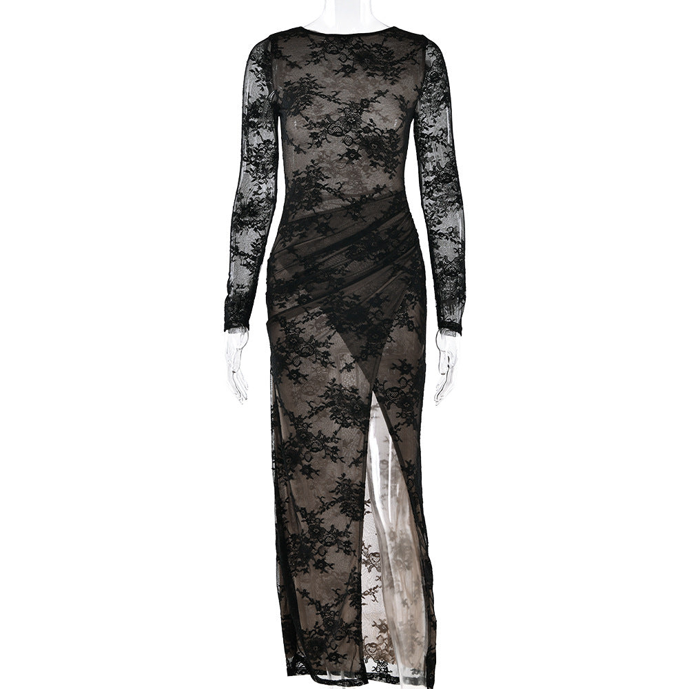 Women’s Elegant Sheer Long Dress with Slit – Sexy See-Through Maxi Evening Party Dress
