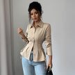Womens Solid-Color Elegant Buttoned Waist-Cinched Shirt